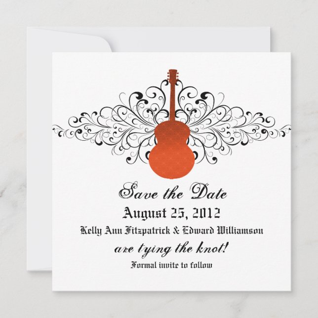 Naranja Swirls Guitar Guardar la invitación (Anverso)