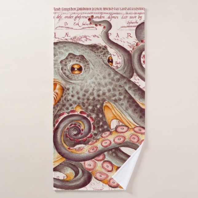 Naranja tangerina Octopus Tentacles Vintage Map (Toalla de baño)