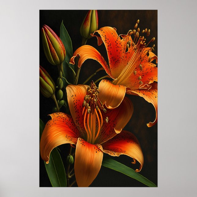 Naranja Tiger Lily Flores Poster de arte de impres (Frente)