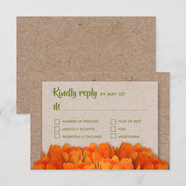 Naranja Tulips en las tarjetas RSVP de la boda de  (Anverso / Reverso)