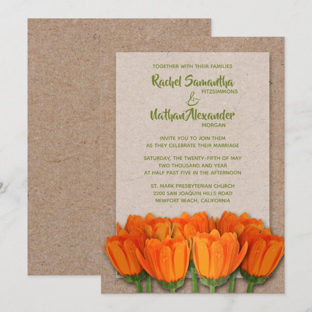 Naranja Tulips sobre las invitaciones a la boda de (Anverso / Reverso)