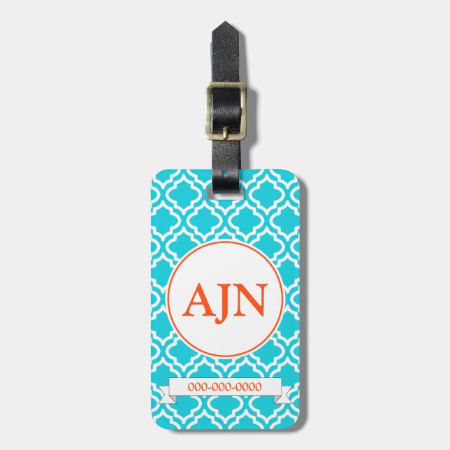 Naranja turquesa Monograma Etiqueta de equipaje (Frente Vertical)
