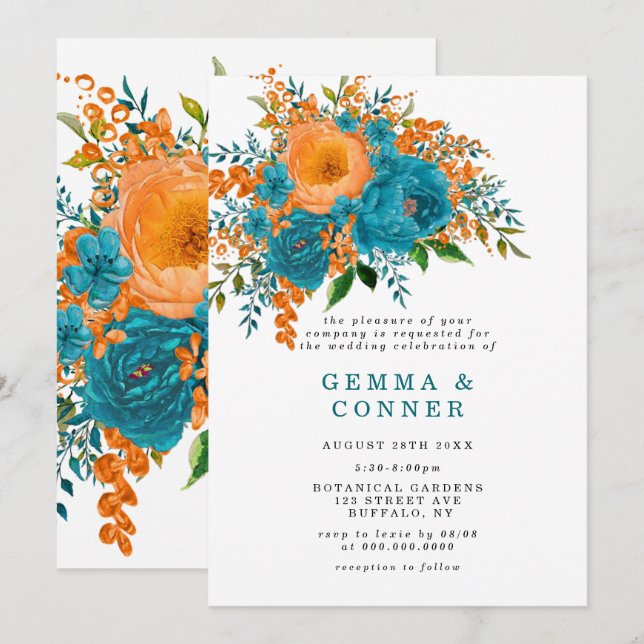 Naranja Verde azulado ruso acuarela Boda floral (Anverso / Reverso)