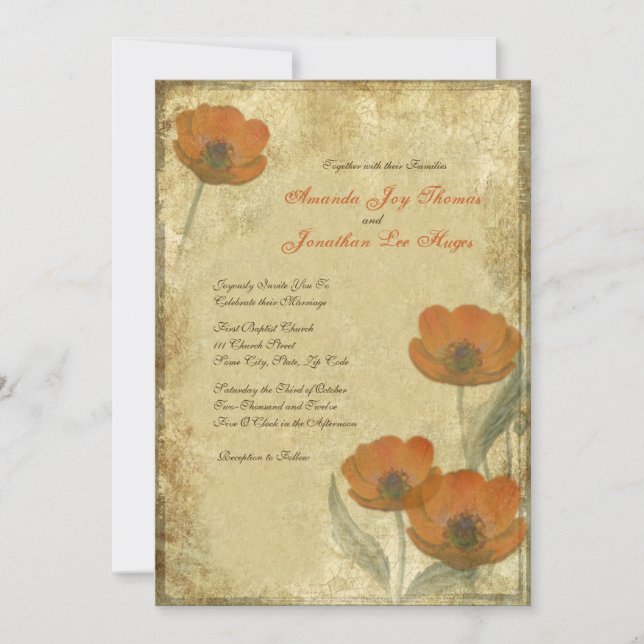 Naranja Vintage Poppies Invitaciones de matrimonio (Anverso)