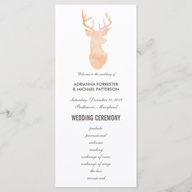 Naranja Watercolor Antler Boda Programa Moderno (Anverso)