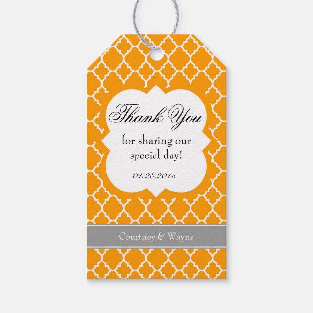Naranja White Quatrefoil Boda Gracias Etiqueta (Anverso)