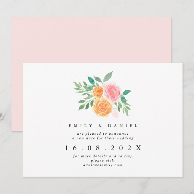 Naranja y floral rosa Nueva invitación a Boda (Anverso / Reverso)