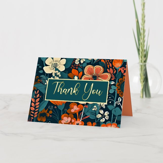 Naranja y Floral Turquesa doblada Gracias (Anverso)