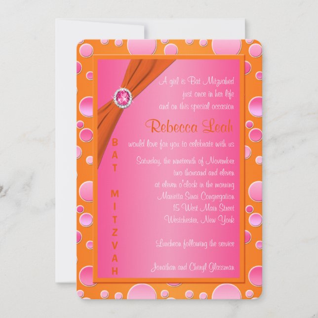 Naranja y Punto Rosa Invitación Mitzvah (Anverso)