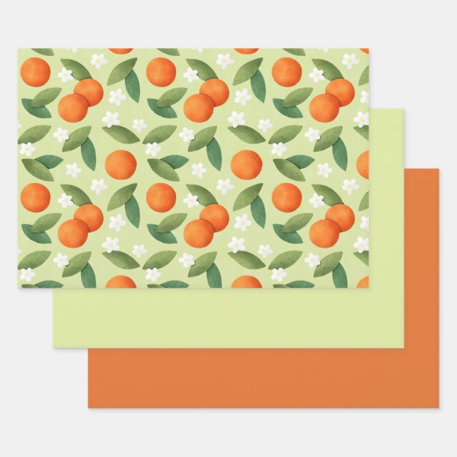 Naranjas, hojas verdes y patrón de flores blancas (Set)