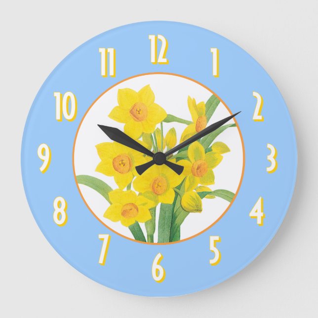Narcisos amarillos en el reloj de pared floral (Anverso)