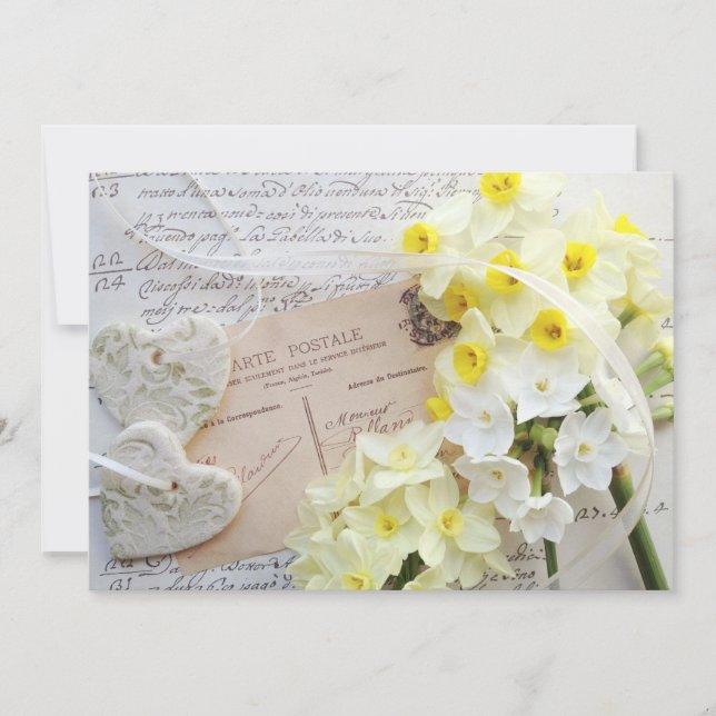 narcisos, corazones con invitación de boda de escr (Anverso)