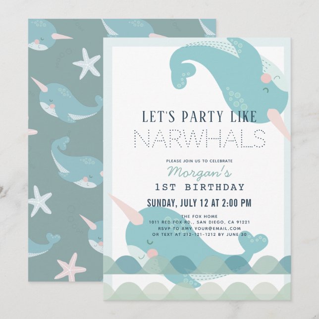 Narwhal Waves Sea Blue Boy Invitación al primer cu (Anverso / Reverso)