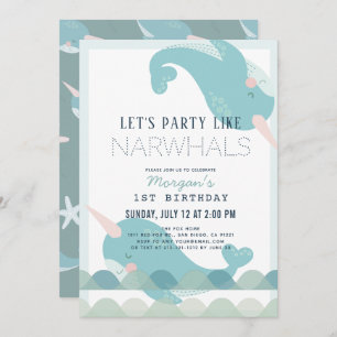 Narwhal Waves Sea Blue Boy Invitación al primer cu