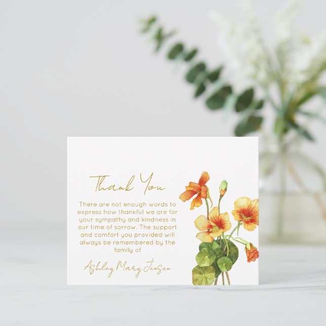 Nasturtium | Tarjeta de agradecimiento funeral due (Anverso de pie)