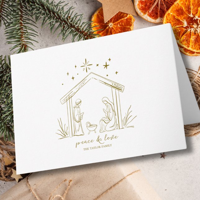 Natividad de Navidad moderna paz amor religioso  (modern elegant peace love personalized custom Christmas nativity gold folded holiday card)