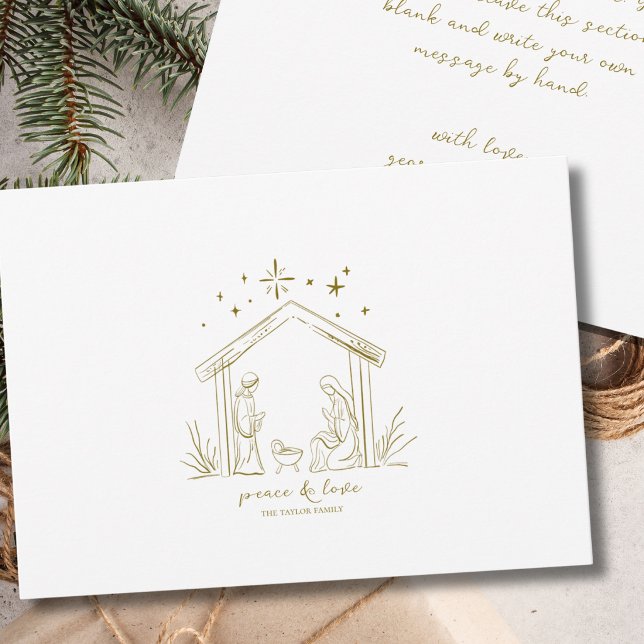 Natividad de Navidad moderna paz amor religioso  (modern elegant peace love gold Christmas Nativity personalized custom holiday card )