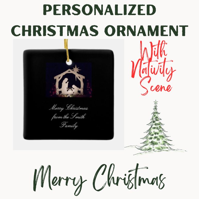 Natividad Escena Feliz Navidad Ornamento cerámico (Create Your Own Christmas Ornament)