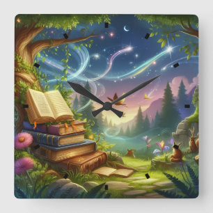 Naturaleza mágica y reloj de pared de libros antig