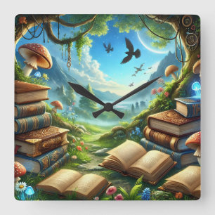 Naturaleza mágica y reloj de pared de libros antig