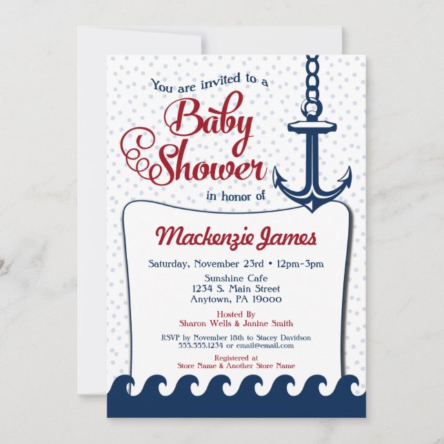 Náutica Baby Shower Invitación Retro Marina Roja (Anverso)