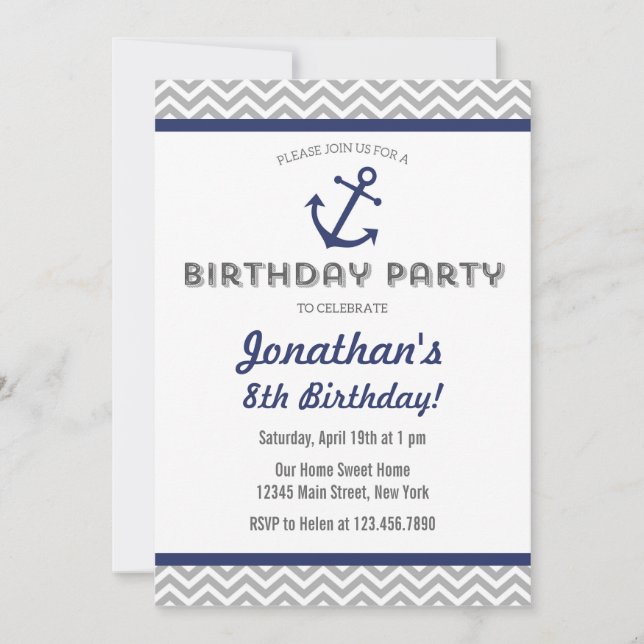 Nautical Anchor Birthday Invitación Navy Azul (Anverso)