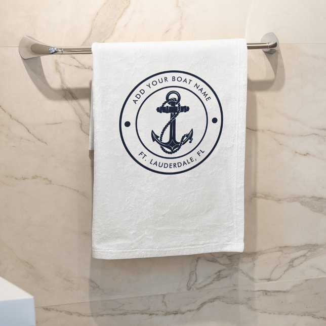 Nautical Anchor Bote Name Navy Blue Boating Person (Nautical Anchor White Bath Towel)