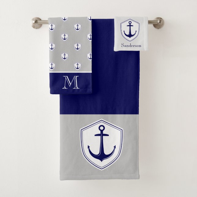 Nautical Anchor Gray Blue Navy Baño Toalla de Baño (In situ)