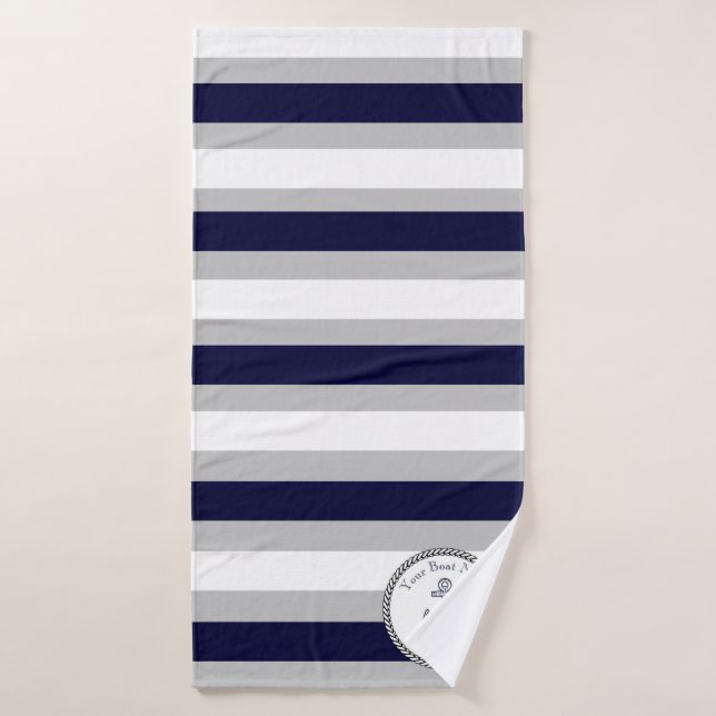 Nautical Anchor Naval Blue Gray White Strip (Toalla de baño)