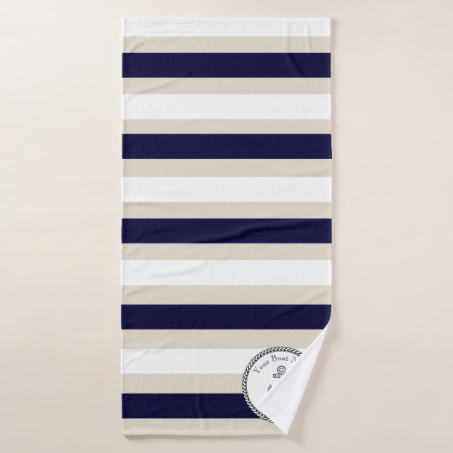 Nautical Anchor Navy Blue Beige Banda Blanca (Toalla de baño)