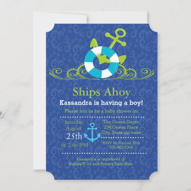 Nautical Anchor Swirls Bebé Niño Invitación a duch (Anverso)