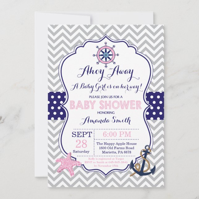 Nautical Baby Shower Invitación a la marina gris r (Anverso)