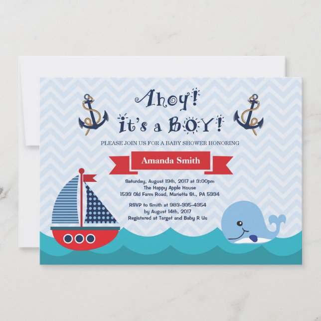 Nautical Baby Shower Invitación a la marina rojo y (Anverso)