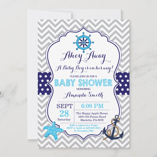 Nautical Baby Shower Invitación Navy Gris Azul (Anverso)