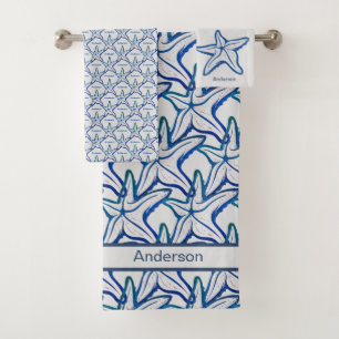 Nautical Bathroom Navy Blue Starfish patrón Bath