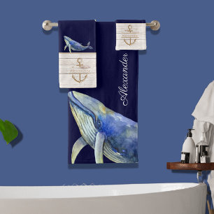 Nautical Blue Whale Watercolor Blanco Nombre de la