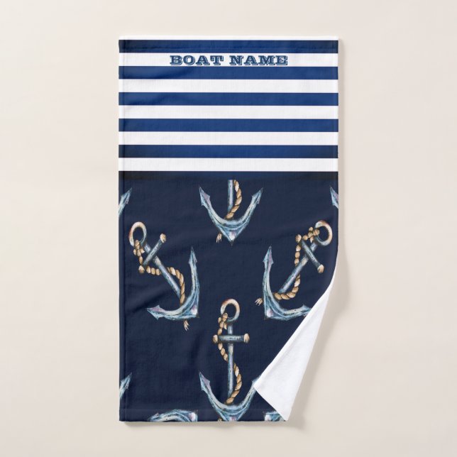 Nautical Boat Name, Anchors Naval Blue Strike (Toalla de mano)