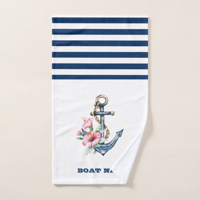 Nautical Boat Name,Floral Anchor Nave Blue Stried (Toalla de mano)