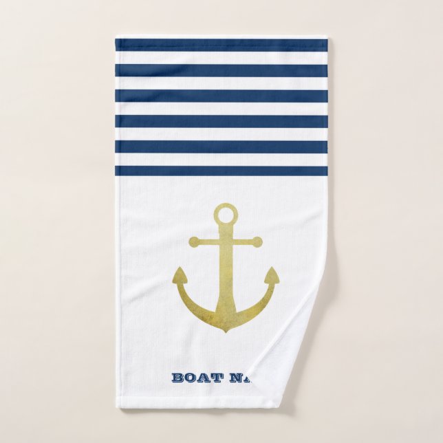 Nautical Boat Name,Gold Anchor Nave Blue Stried (Toalla de mano)