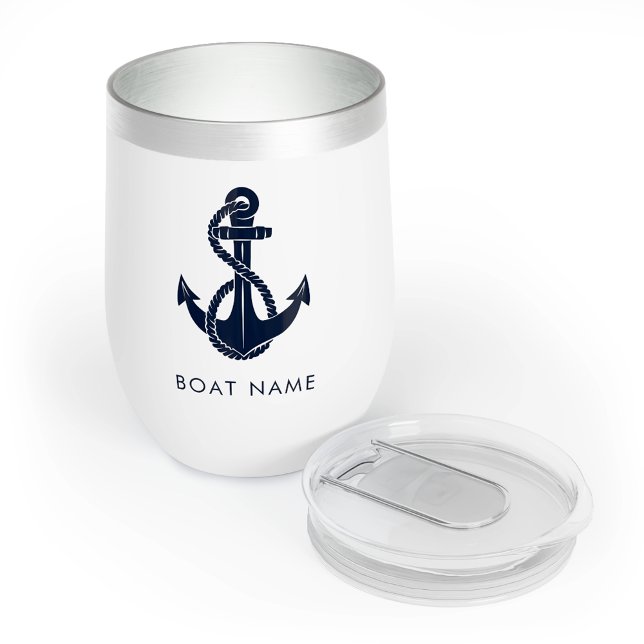 Nautical Bote Nombre personalizado Anclaje Azul de (Custom Nautical Boat Name Navy Blue Anchor Thermal Wine Tumbler)