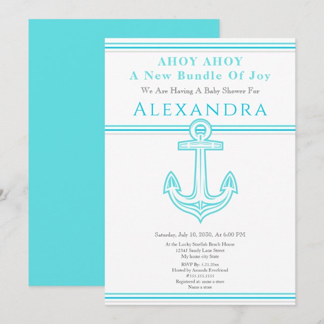 Nautical Boy Baby Shower Anclaje Verde azulado Tur (Anverso / Reverso)