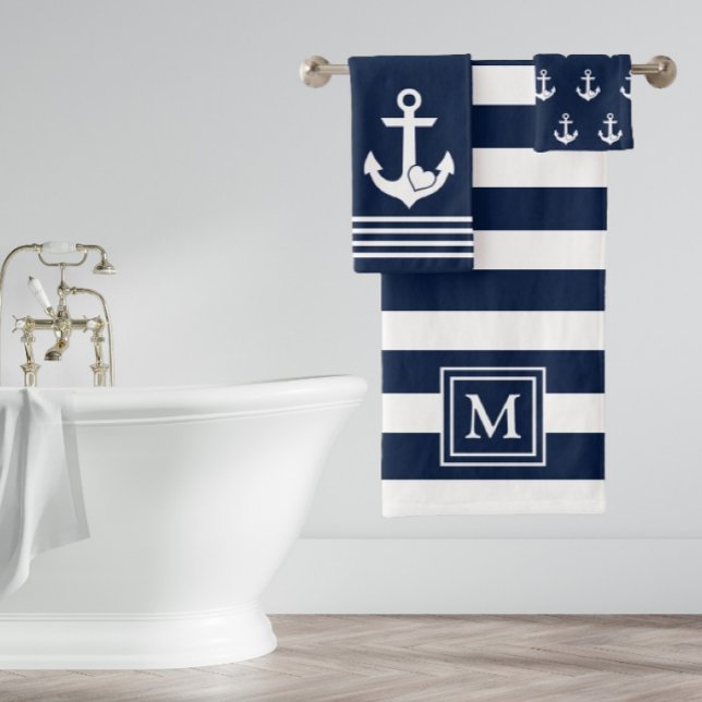 Nautical Heart Anchor Navy Rayas Blancas Monograma (Subido por el creador)
