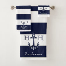 Nautical Navy Blue Anchor Coastal Monograma Nombre