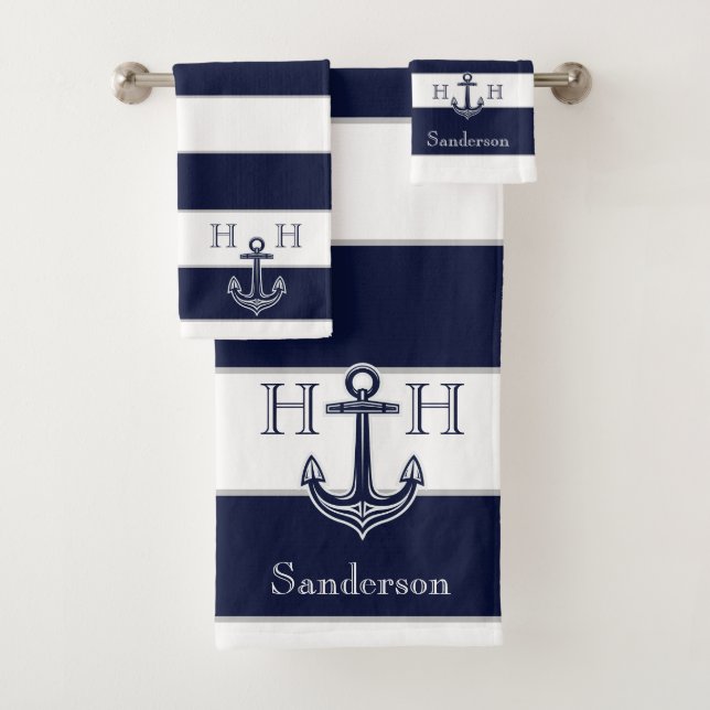 Nautical Navy Blue Anchor Coastal Monograma Nombre (In situ)