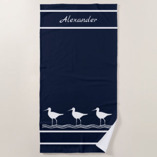Nautical Navy Blue Sandpipers Toalla de playa para