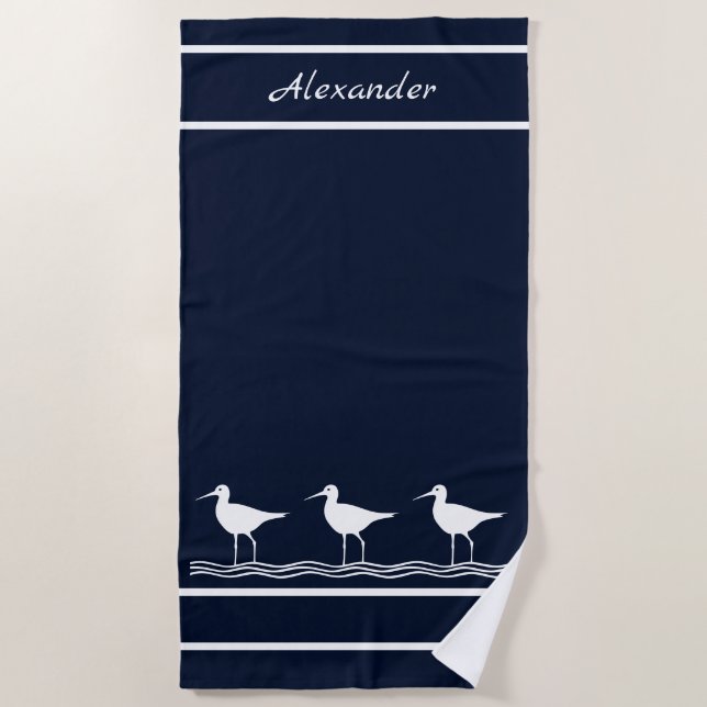 Nautical Navy Blue Sandpipers Toalla de playa para (Anverso)
