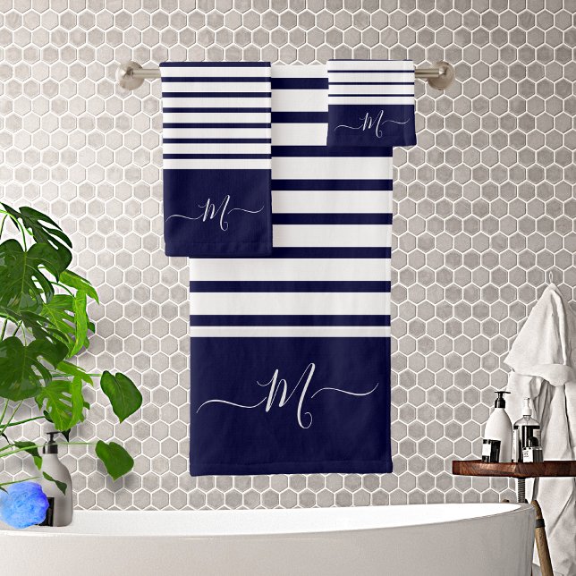 Nautical Navy Blue Stried Monograma inicial (Subido por el creador)