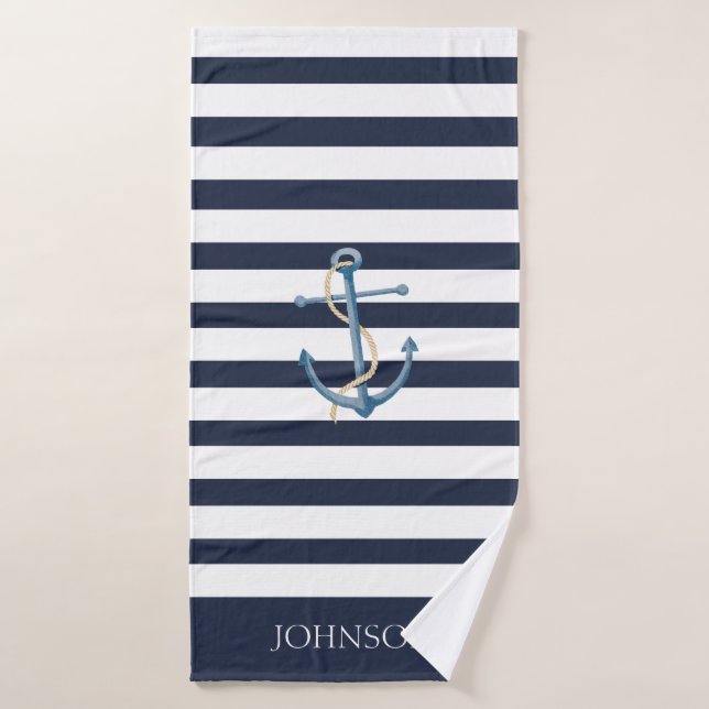 Nautical Navy Blue White Stripes Anchor Nombre (Toalla de baño)