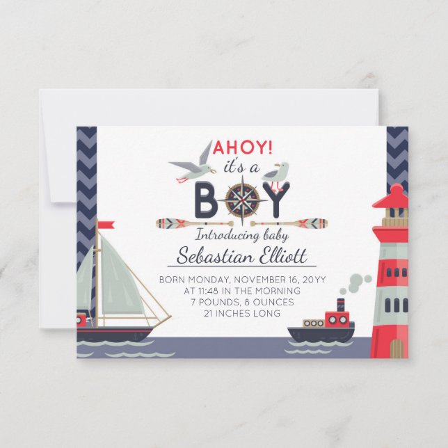 Nautical Sailboat Ahoy Baby Boy Anuncio (Anverso)