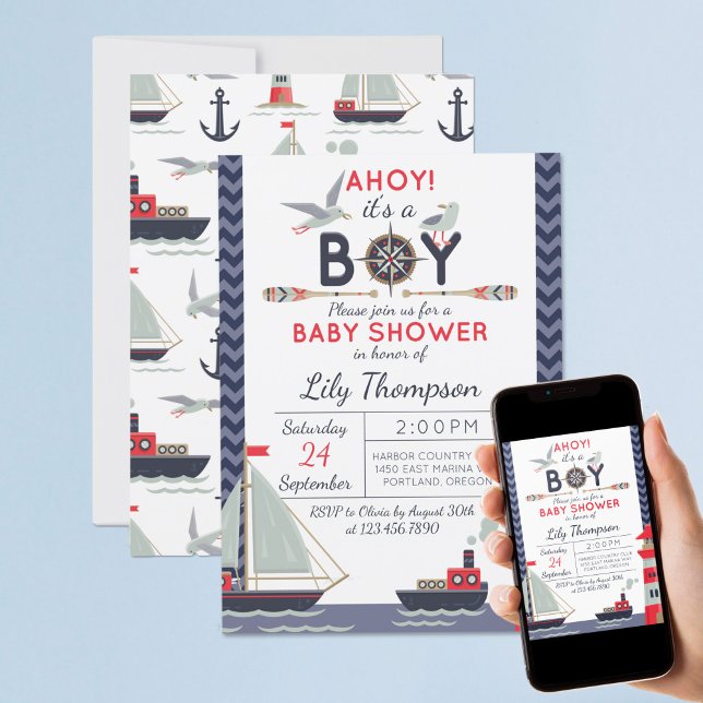 Nautical Sailboat Ahoy Baby Boy Invitación a la du (Subido por el creador)